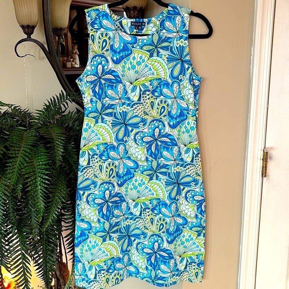 Melly M Blue & Green Floral Sleeveless Shift Dress Mod Retro Graphic Neon Print